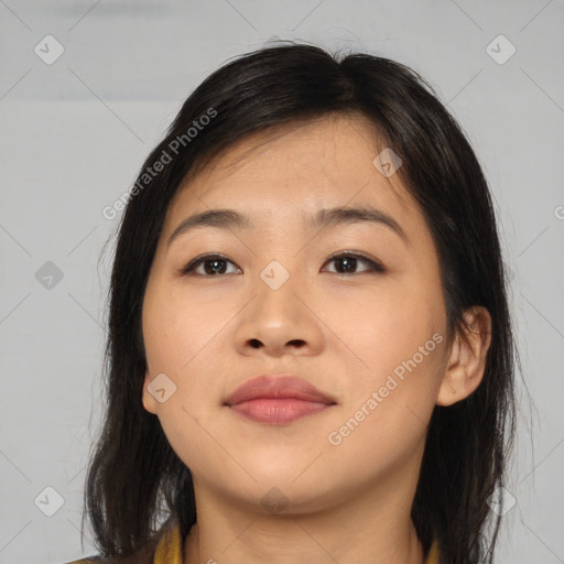 Neutral asian young-adult female with medium  brown hair and brown eyes