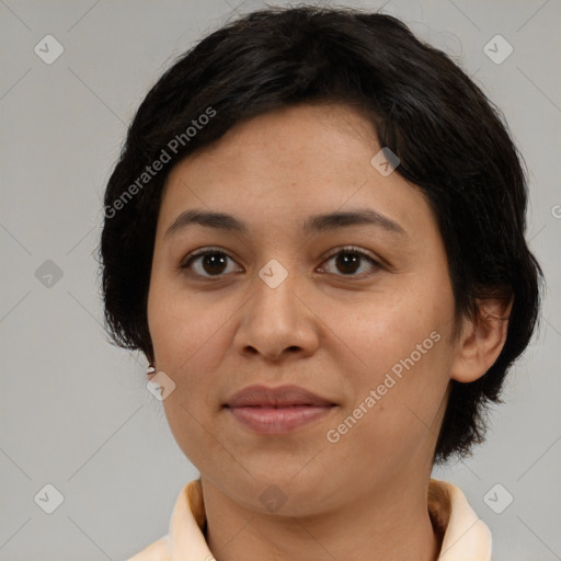 Joyful white adult female with medium  brown hair and brown eyes