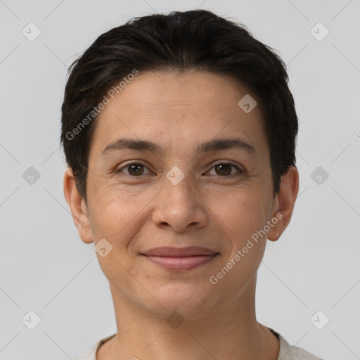 Joyful white young-adult female with short  brown hair and brown eyes