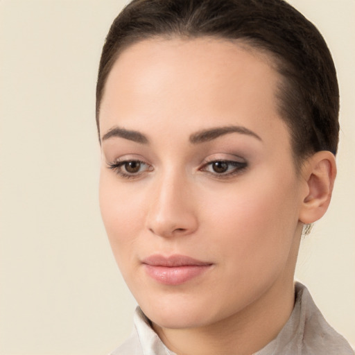 Neutral white young-adult female with short  brown hair and brown eyes