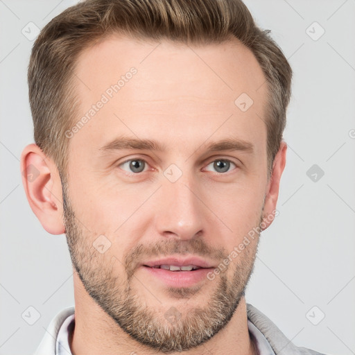 Neutral white young-adult male with short  brown hair and grey eyes