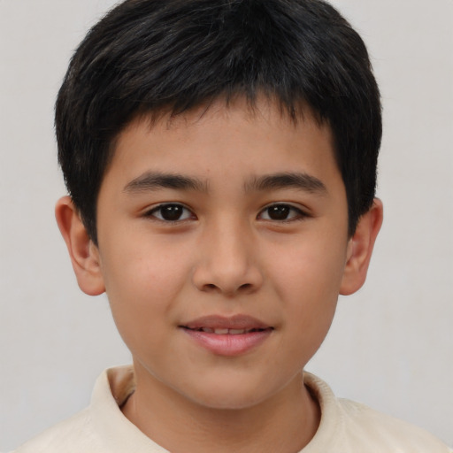 Joyful asian child male with short  brown hair and brown eyes