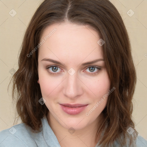 Joyful white young-adult female with medium  brown hair and green eyes