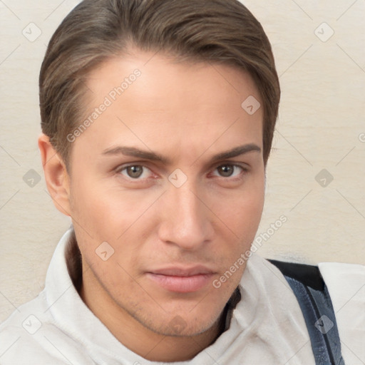 Neutral white young-adult male with short  brown hair and brown eyes