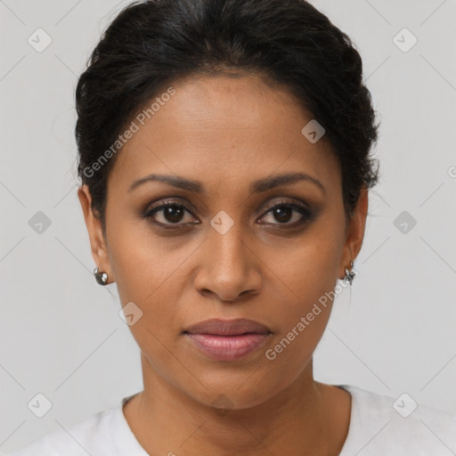 Joyful latino young-adult female with short  brown hair and brown eyes