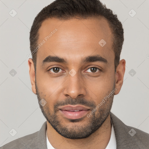 Neutral black young-adult male with short  black hair and brown eyes