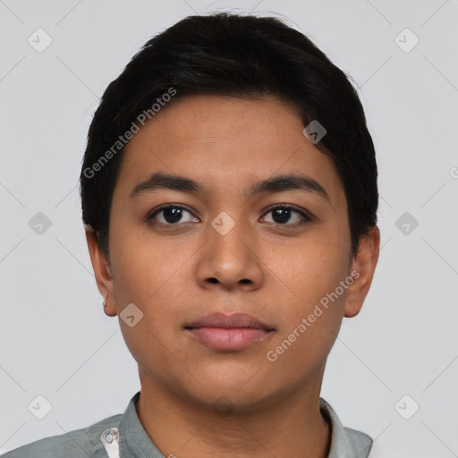 Neutral latino young-adult male with short  black hair and brown eyes