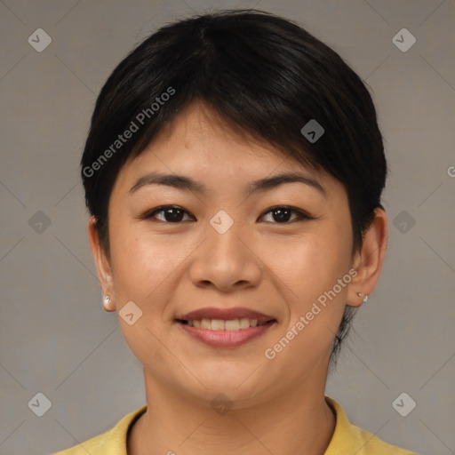 Joyful asian young-adult female with short  brown hair and brown eyes