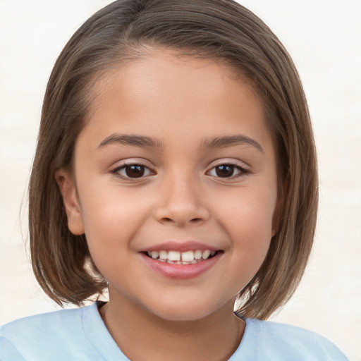 Joyful white child female with medium  brown hair and brown eyes