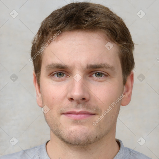 Neutral white young-adult male with short  brown hair and grey eyes