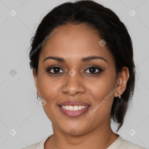 Joyful latino young-adult female with medium  brown hair and brown eyes