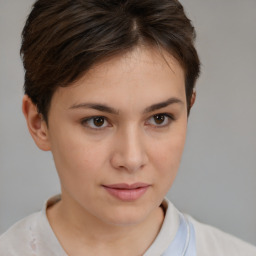 Neutral white young-adult female with short  brown hair and brown eyes