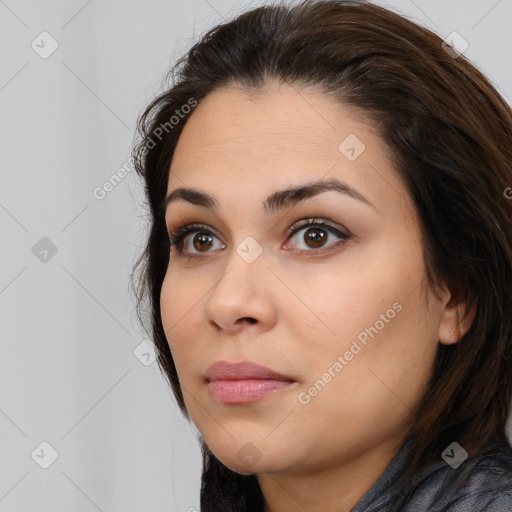 Neutral white young-adult female with medium  brown hair and brown eyes