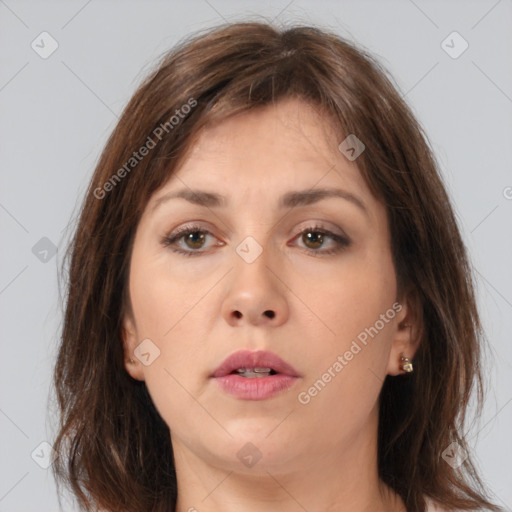 Neutral white young-adult female with medium  brown hair and brown eyes