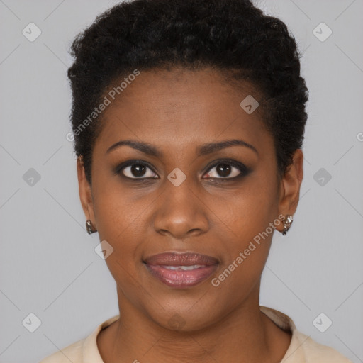 Joyful black young-adult female with short  brown hair and brown eyes