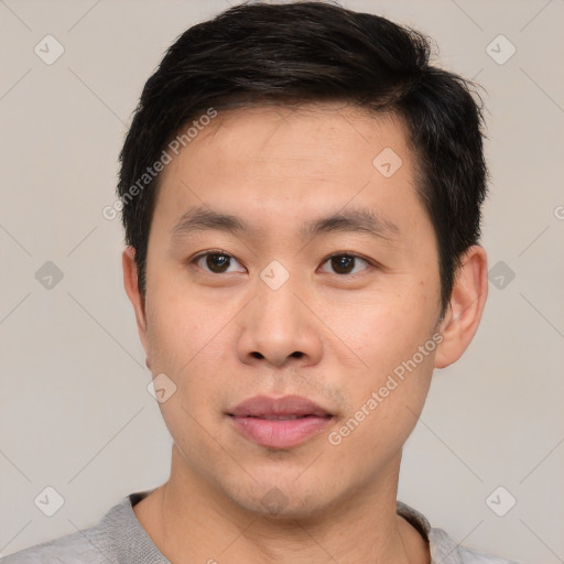 Neutral asian young-adult male with short  brown hair and brown eyes