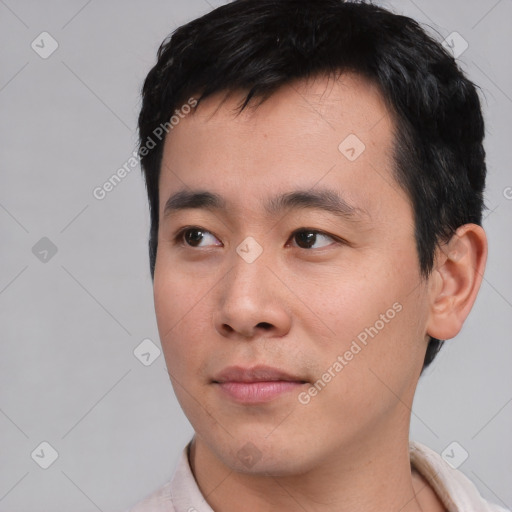 Neutral asian young-adult male with short  black hair and brown eyes