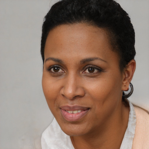 Joyful black young-adult female with short  black hair and brown eyes