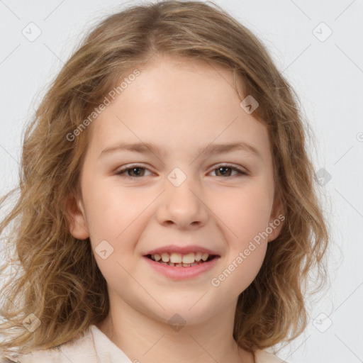 Joyful white child female with medium  brown hair and brown eyes