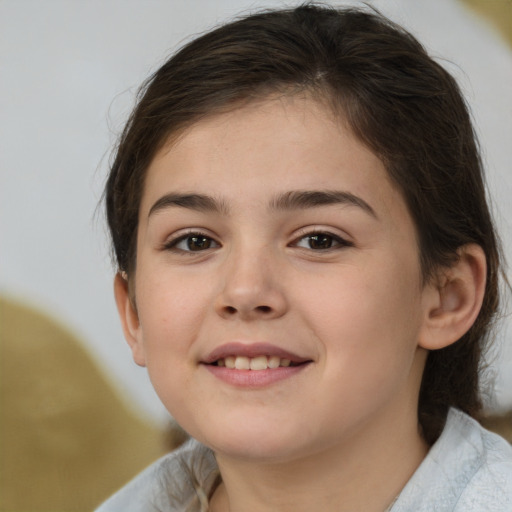 Joyful white child female with medium  brown hair and brown eyes