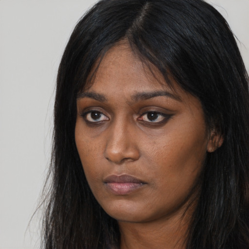 Neutral asian young-adult female with long  black hair and brown eyes