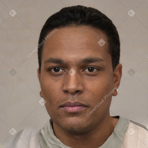 Neutral latino young-adult male with short  black hair and brown eyes