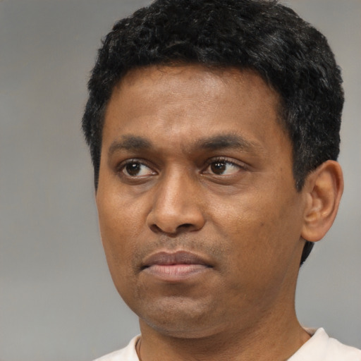 Neutral black young-adult male with short  black hair and brown eyes