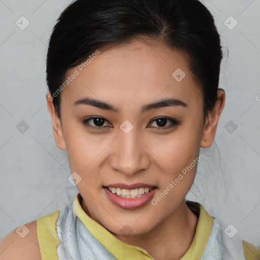 Joyful latino young-adult female with short  brown hair and brown eyes