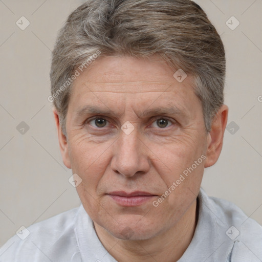 Joyful white middle-aged male with short  brown hair and brown eyes