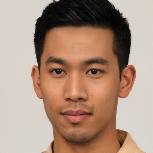 Neutral asian young-adult male with short  black hair and brown eyes