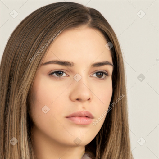 Neutral white young-adult female with long  brown hair and brown eyes