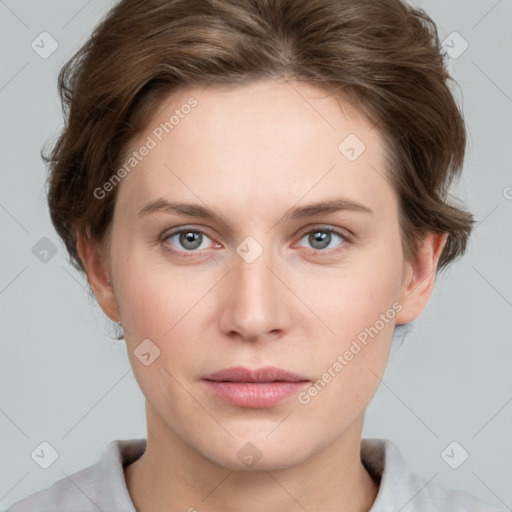 Neutral white young-adult female with short  brown hair and grey eyes