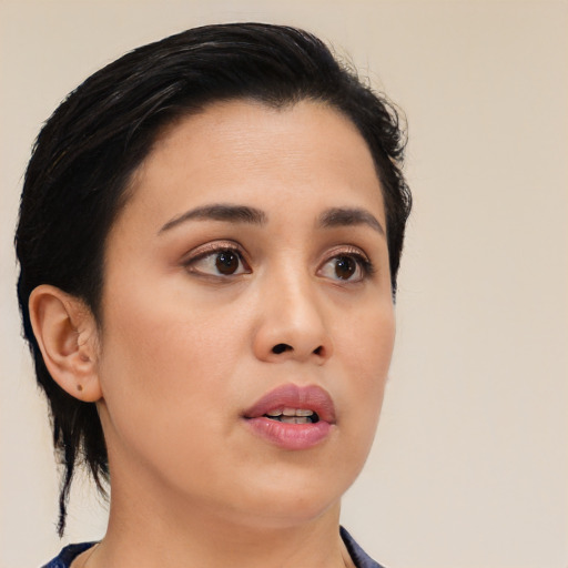 Neutral asian young-adult female with short  black hair and brown eyes