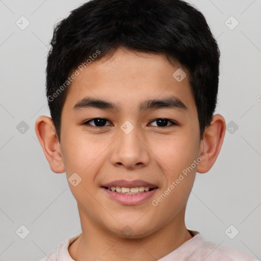 Joyful white child male with short  brown hair and brown eyes