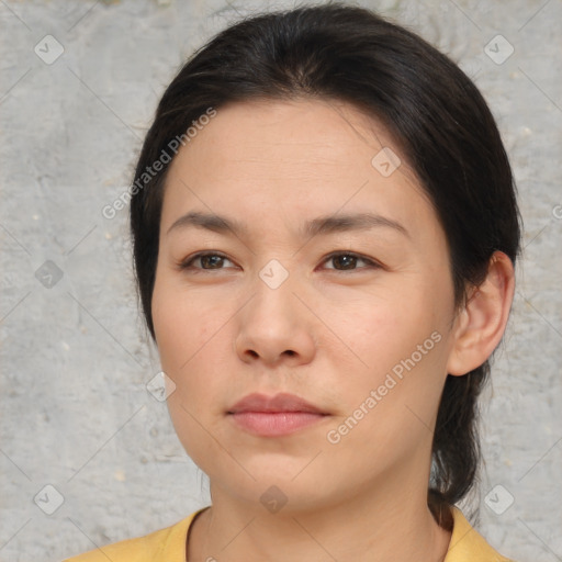 Neutral white young-adult female with medium  brown hair and brown eyes