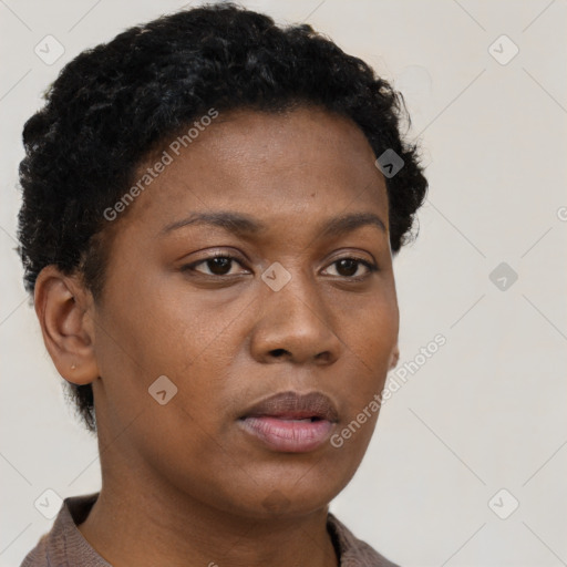 Neutral black young-adult female with short  brown hair and brown eyes