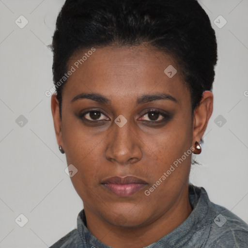 Neutral black young-adult female with short  black hair and brown eyes
