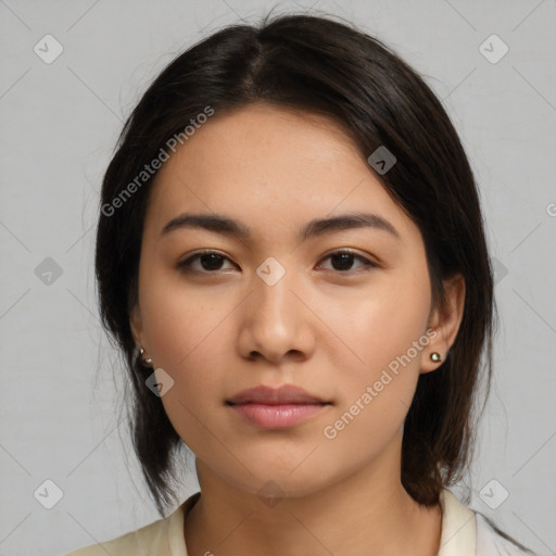 Neutral asian young-adult female with medium  brown hair and brown eyes