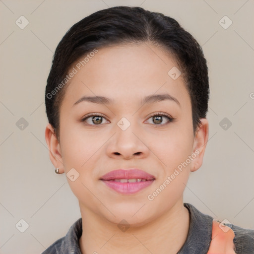 Joyful white young-adult female with short  brown hair and brown eyes