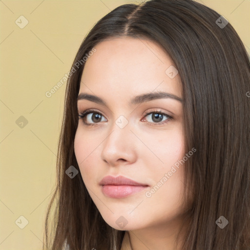 Neutral white young-adult female with long  brown hair and brown eyes