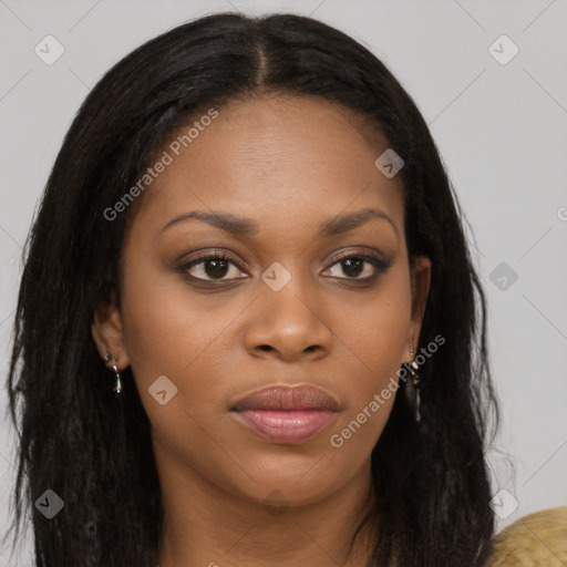 Joyful asian young-adult female with long  brown hair and brown eyes