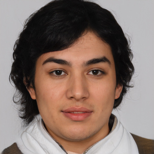 Neutral latino young-adult female with medium  black hair and brown eyes