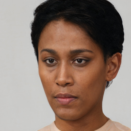 Neutral black young-adult female with short  black hair and brown eyes