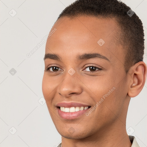 Joyful white young-adult female with short  brown hair and brown eyes