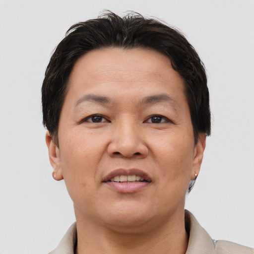 Joyful asian adult female with short  brown hair and brown eyes