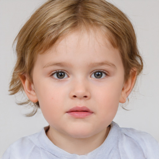 Neutral white child female with medium  brown hair and blue eyes