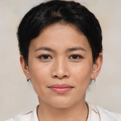 Joyful asian young-adult female with short  black hair and brown eyes