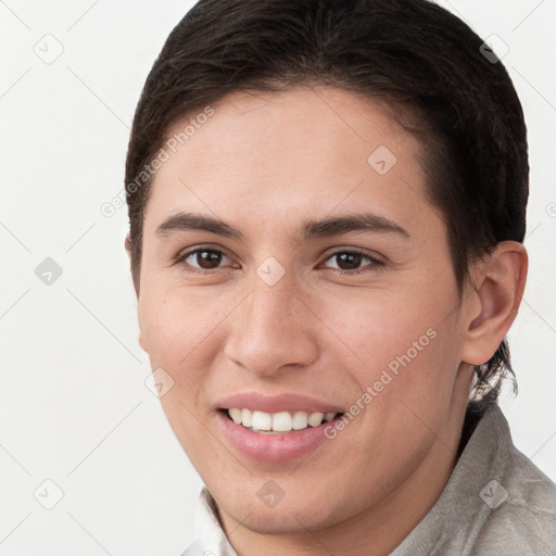 Joyful white young-adult female with short  brown hair and brown eyes