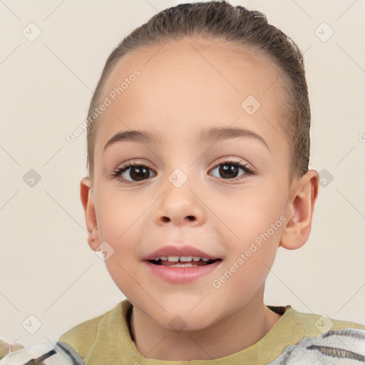 Joyful white child female with short  brown hair and brown eyes