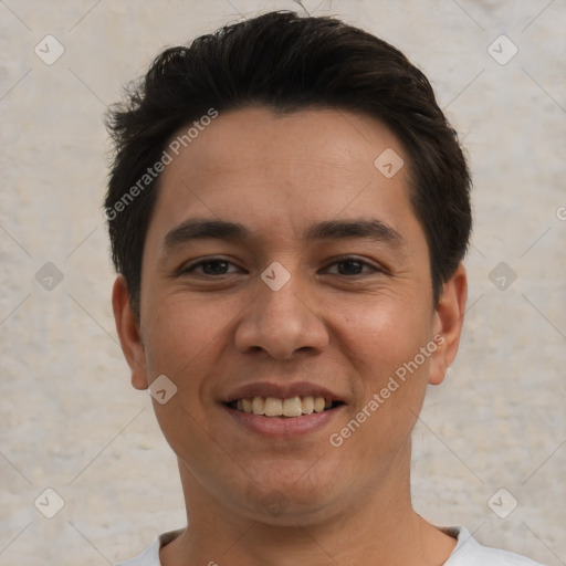 Joyful white young-adult male with short  black hair and brown eyes